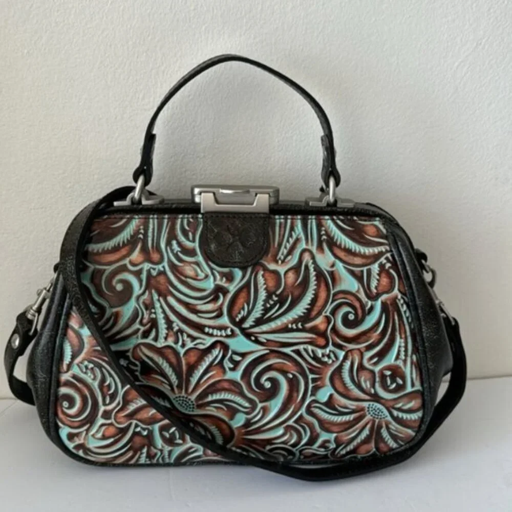 Patricia Nash Turquoise Framed Gracchi Tooled Brntl Leather Crossbody Handbag
